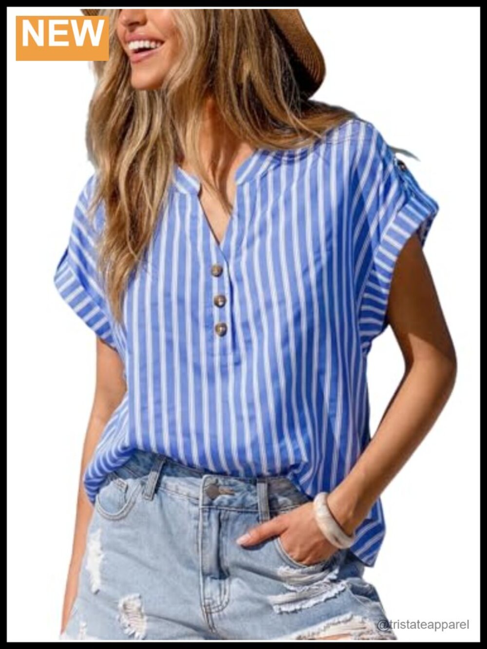 Striped V-Neck Cap Sleeve Button Down Shirt Women Casual Work Blouse